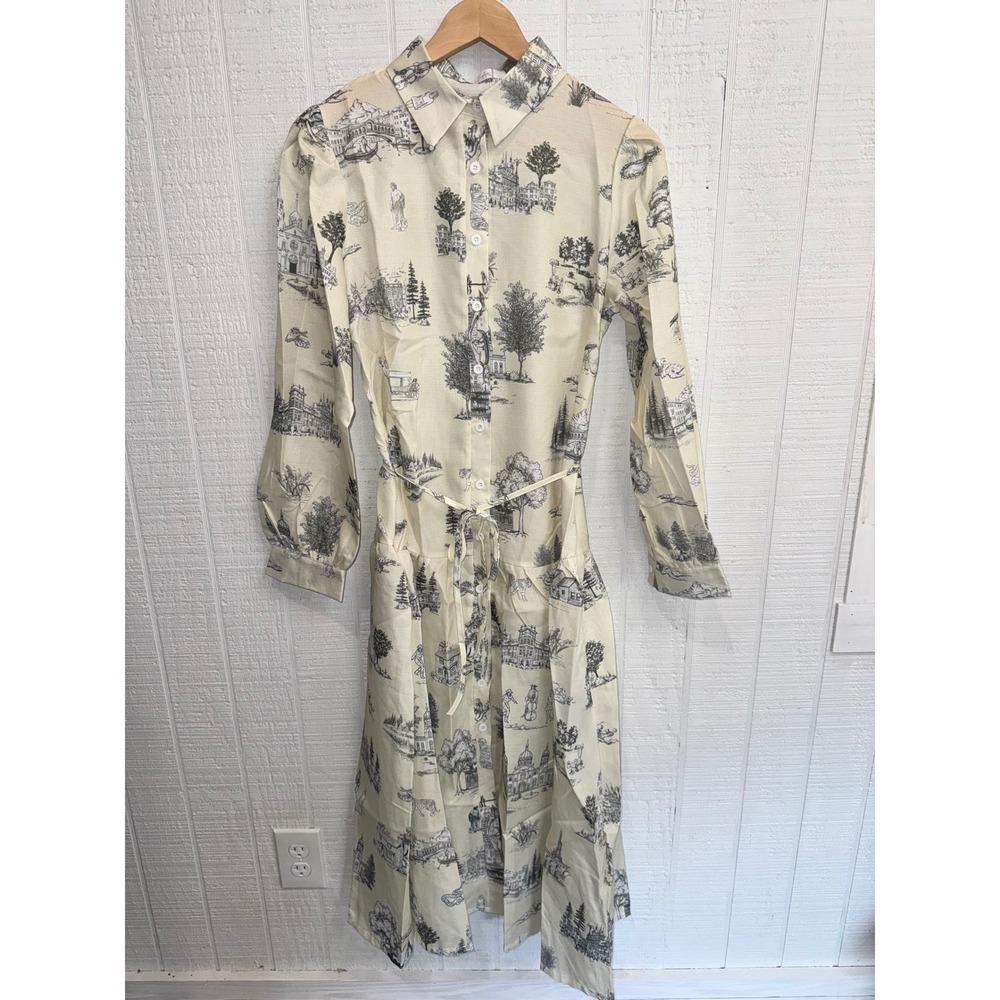 Endless Moon Shirt Dress Women Cream Toile Print Long Sleeve Tie Waist Large